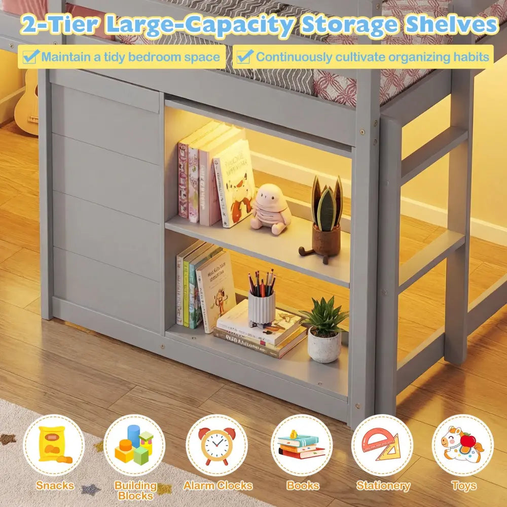 Wooden Low Kids Loft Bed with LED Lights and 2 Doors-Gray - Gray - Bunk Bed Frame