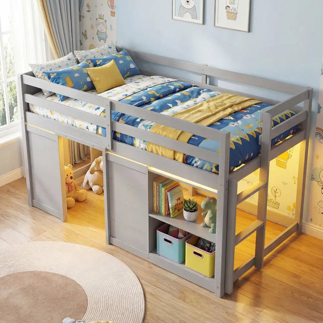 Wooden Low Kids Loft Bed with LED Lights and 2 Doors-Gray - Gray - Bunk Bed Frame