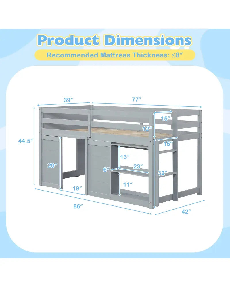 Wooden Low Kids Loft Bed with LED Lights and 2 Doors-Gray - Gray - Bunk Bed Frame