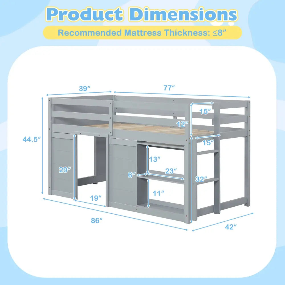 Wooden Low Kids Loft Bed with LED Lights and 2 Doors-Gray - Gray - Bunk Bed Frame
