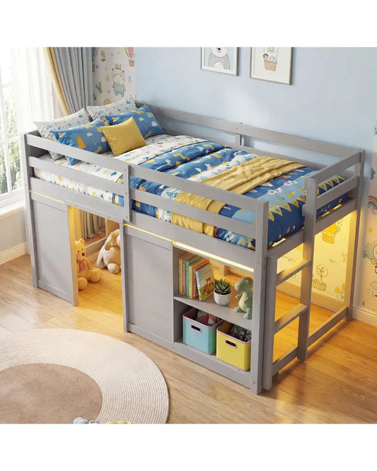 Wooden Low Kids Loft Bed with LED Lights and 2 Doors-Gray - Gray - Bunk Bed Frame