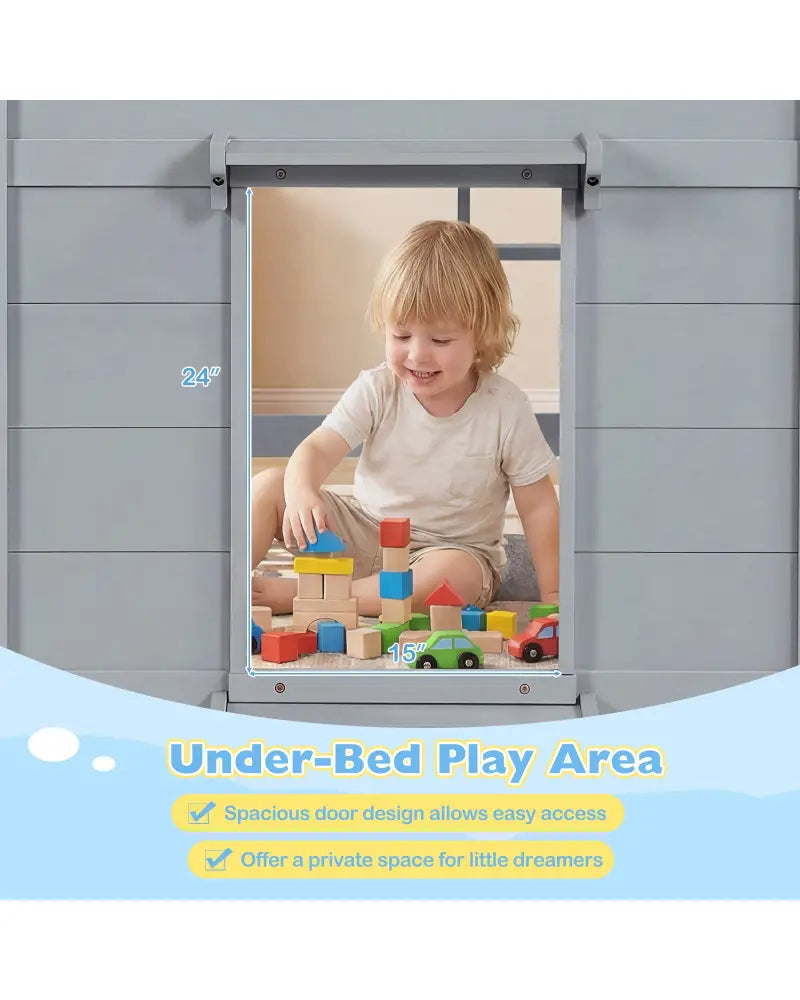 Wooden Low Kids Loft Bed with LED Lights and 2 Doors-Gray - Gray - Bunk Bed Frame