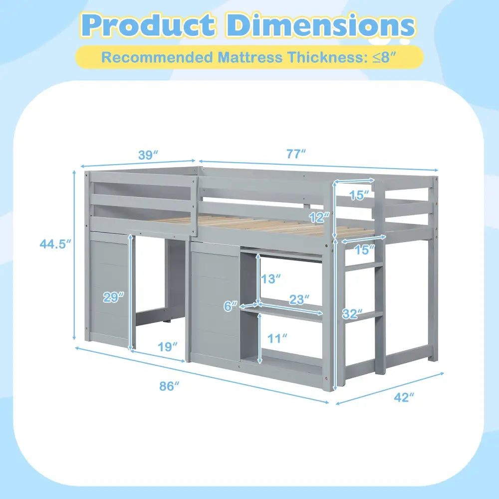 Wooden Low Kids Loft Bed with LED Lights and 2 Doors-Gray - Gray - Bunk Bed Frame