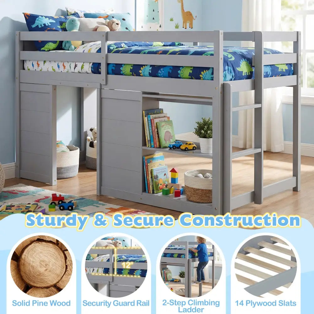 Wooden Low Kids Loft Bed with LED Lights and 2 Doors-Gray - Gray - Bunk Bed Frame