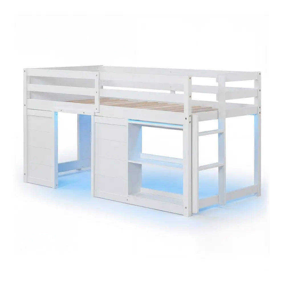 Wooden Low Kids Loft Bed with LED Lights and 2 Doors-White - White - Bunk Bed Frame
