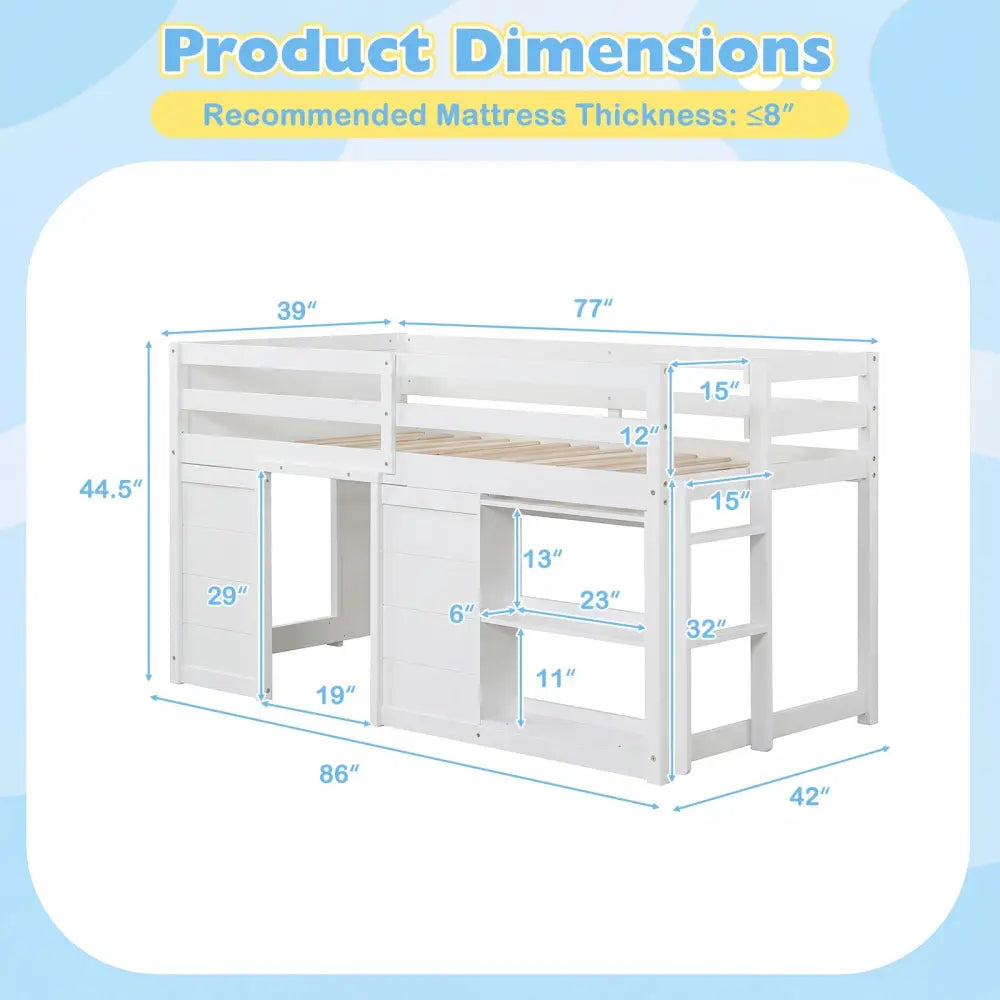 Wooden Low Kids Loft Bed with LED Lights and 2 Doors-White - White - Bunk Bed Frame
