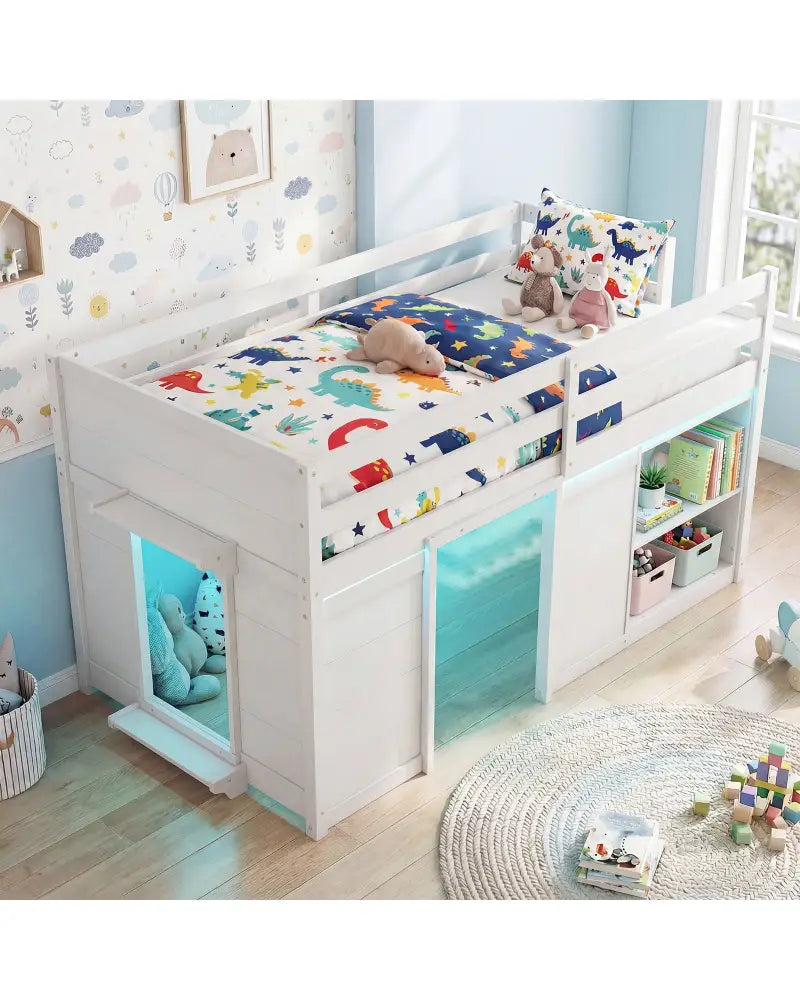 Wooden Low Kids Loft Bed with LED Lights and 2 Doors-White - White - Bunk Bed Frame