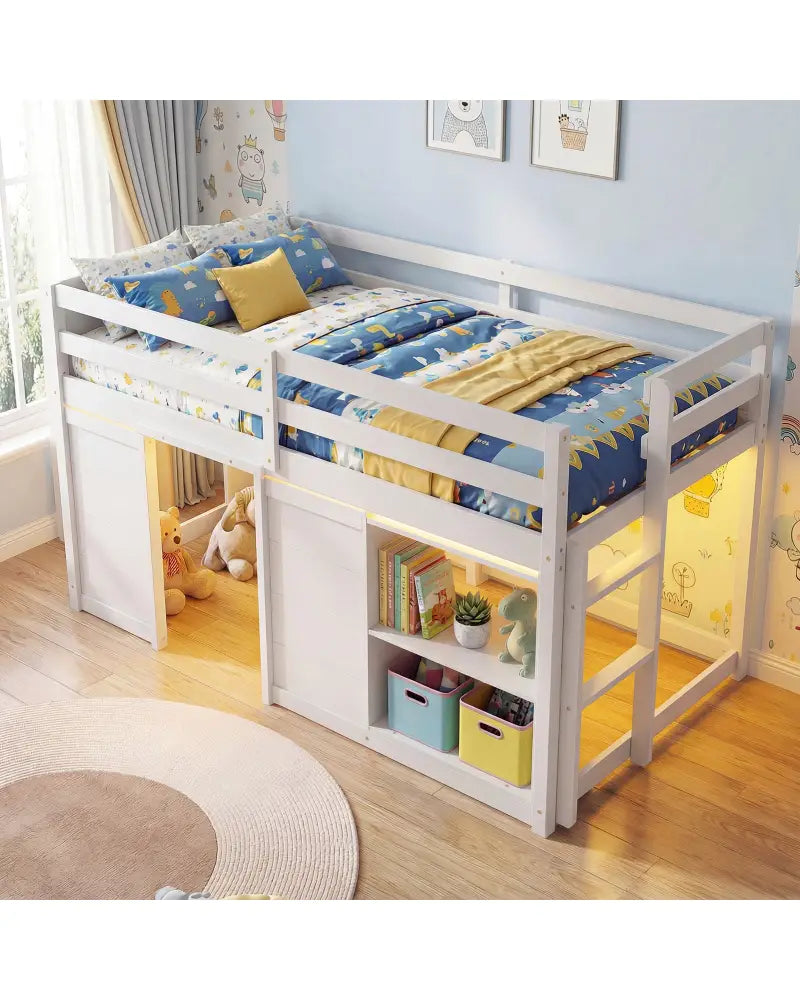 Wooden Low Kids Loft Bed with LED Lights and 2 Doors-White - White - Bunk Bed Frame
