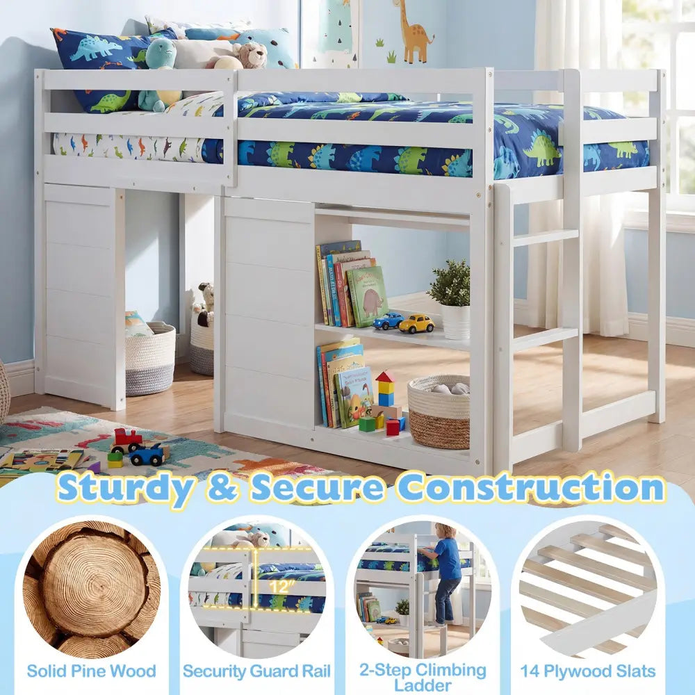 Wooden Low Kids Loft Bed with LED Lights and 2 Doors-White - White - Bunk Bed Frame