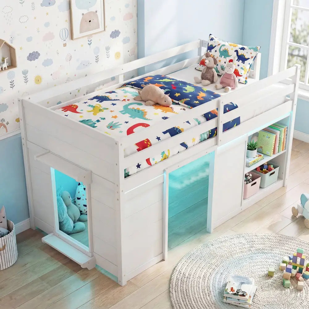 Wooden Low Kids Loft Bed with LED Lights and 2 Doors-White - White - Bunk Bed Frame