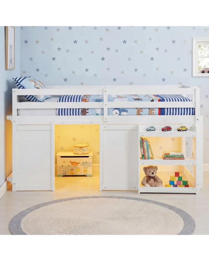 Wooden Low Kids Loft Bed with LED Lights and 2 Doors-White - White - Bunk Bed Frame