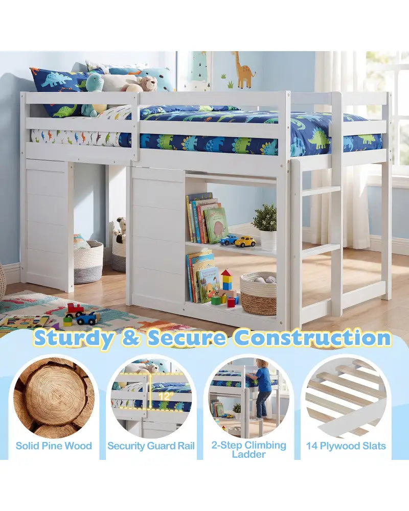 Wooden Low Kids Loft Bed with LED Lights and 2 Doors-White - White - Bunk Bed Frame