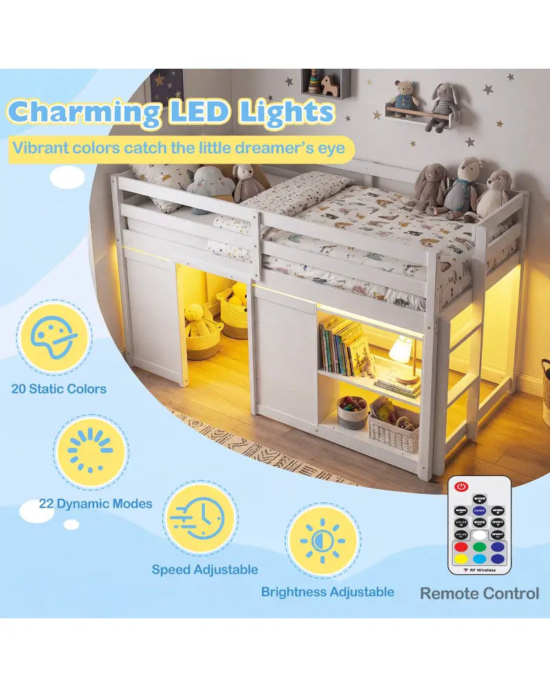 Wooden Low Kids Loft Bed with LED Lights and 2 Doors-White - White - Bunk Bed Frame