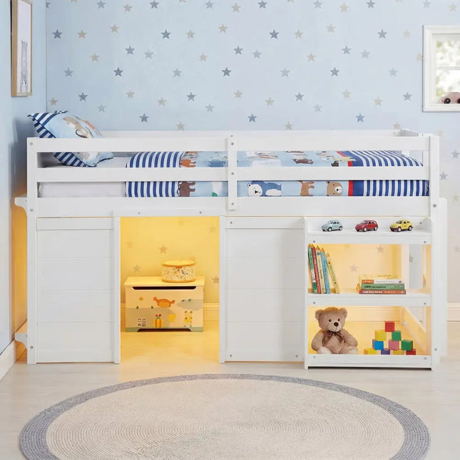 Wooden Low Kids Loft Bed with LED Lights and 2 Doors-White - White - Bunk Bed Frame