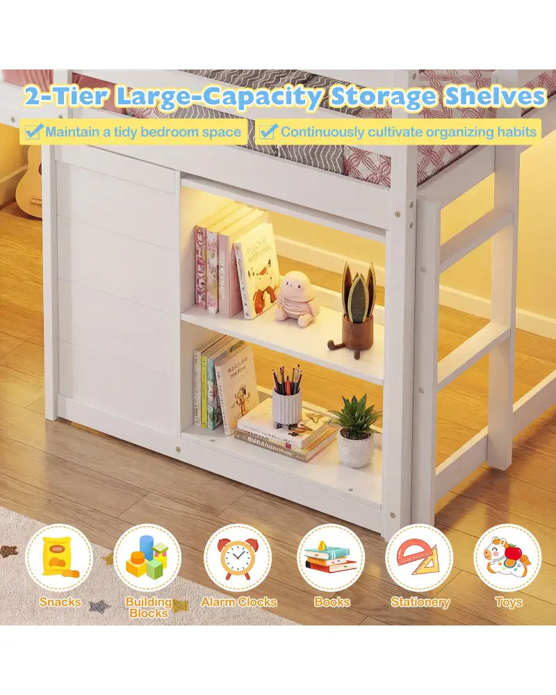 Wooden Low Kids Loft Bed with LED Lights and 2 Doors-White - White - Bunk Bed Frame
