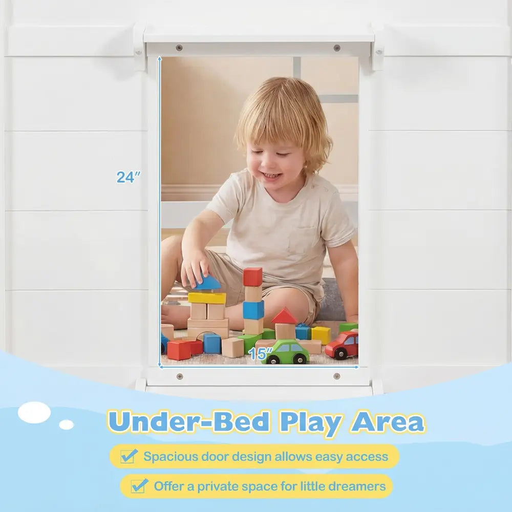 Wooden Low Kids Loft Bed with LED Lights and 2 Doors-White - White - Bunk Bed Frame