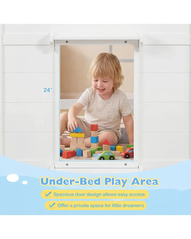 Wooden Low Kids Loft Bed with LED Lights and 2 Doors-White - White - Bunk Bed Frame