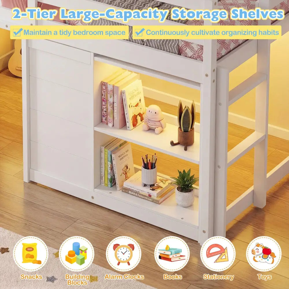 Wooden Low Kids Loft Bed with LED Lights and 2 Doors-White - White - Bunk Bed Frame