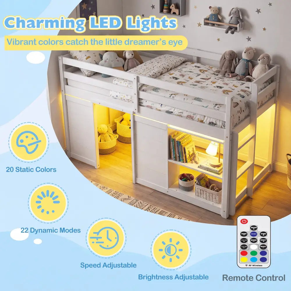 Wooden Low Kids Loft Bed with LED Lights and 2 Doors-White - White - Bunk Bed Frame