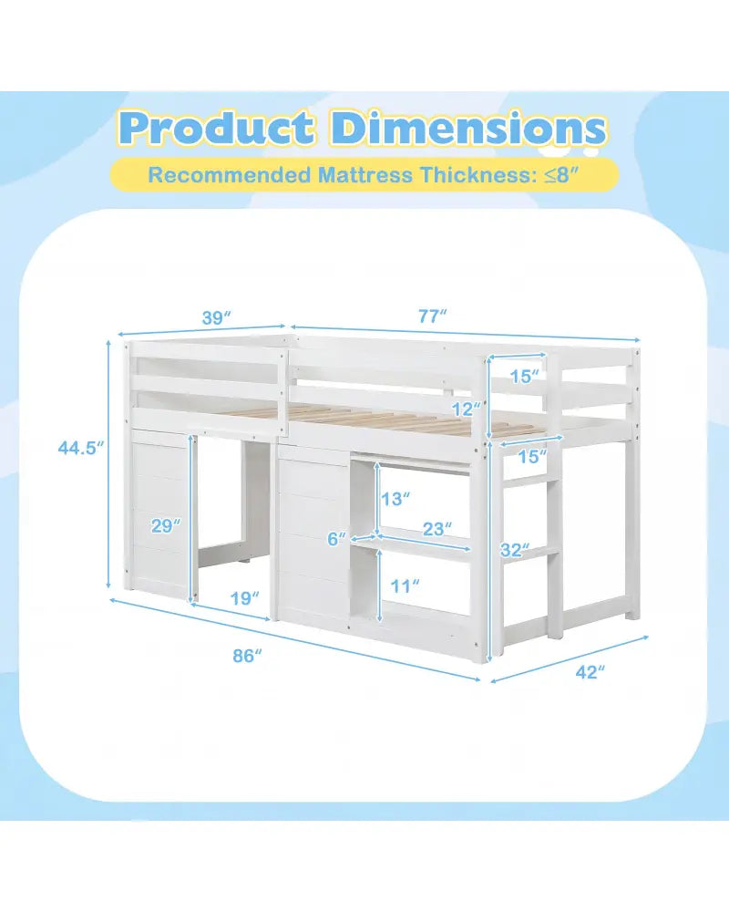 Wooden Low Kids Loft Bed with LED Lights and 2 Doors-White - White - Bunk Bed Frame