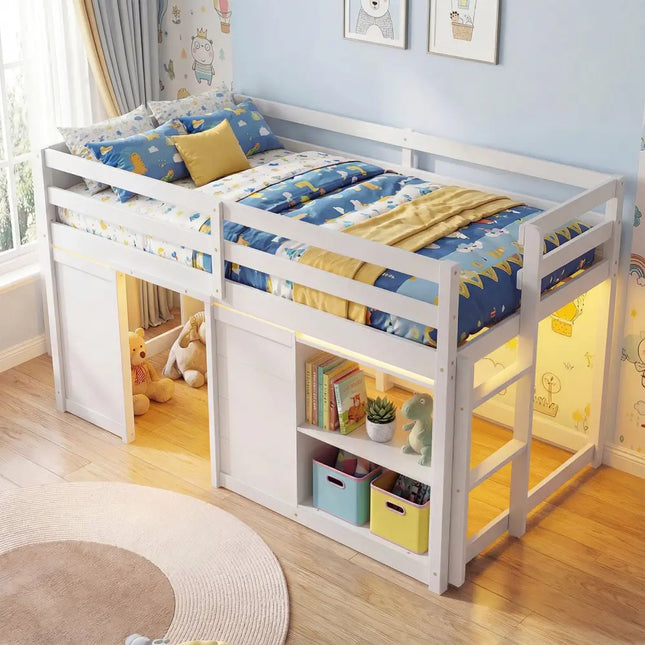 Wooden Low Kids Loft Bed with LED Lights and 2 Doors-White - White - Bunk Bed Frame
