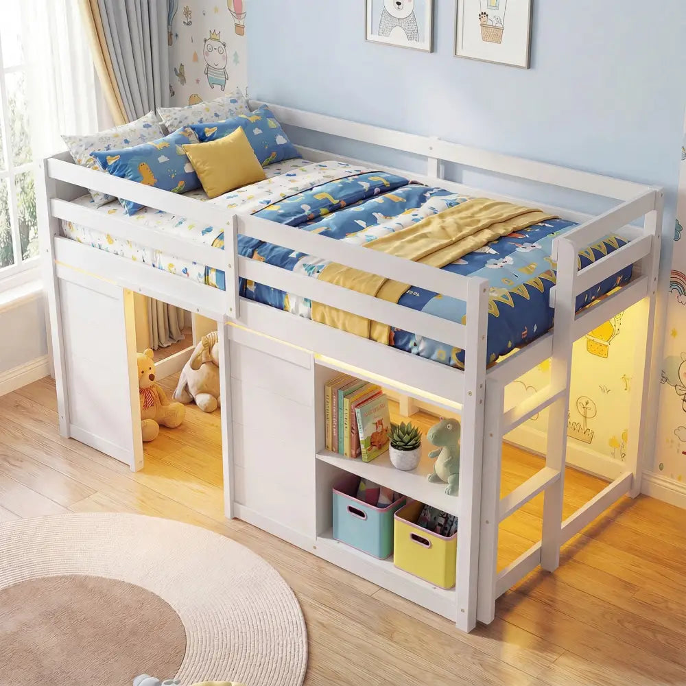 Wooden Low Kids Loft Bed with LED Lights and 2 Doors-White - White - Bunk Bed Frame