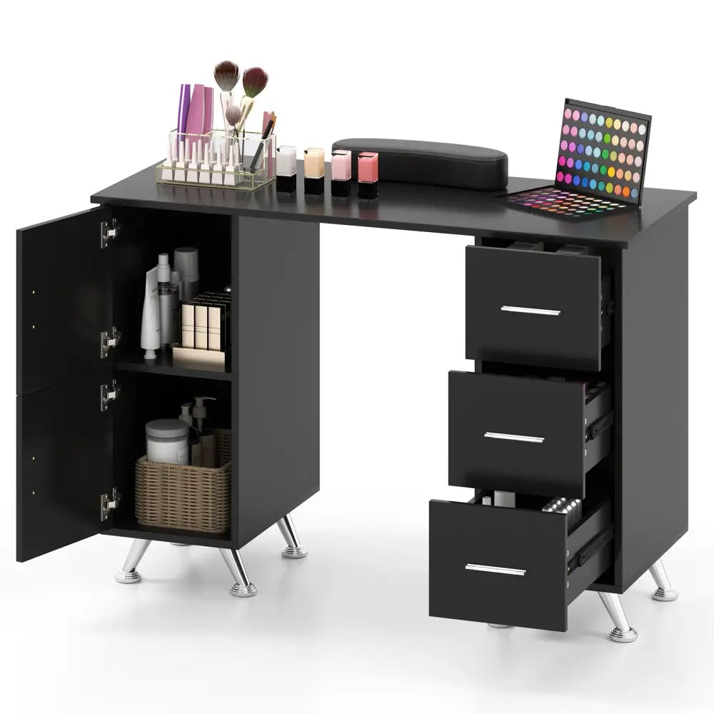 Wooden Manicure Table Nail Desk with Drawers Wrist Rest-Black - Black - Office Desks
