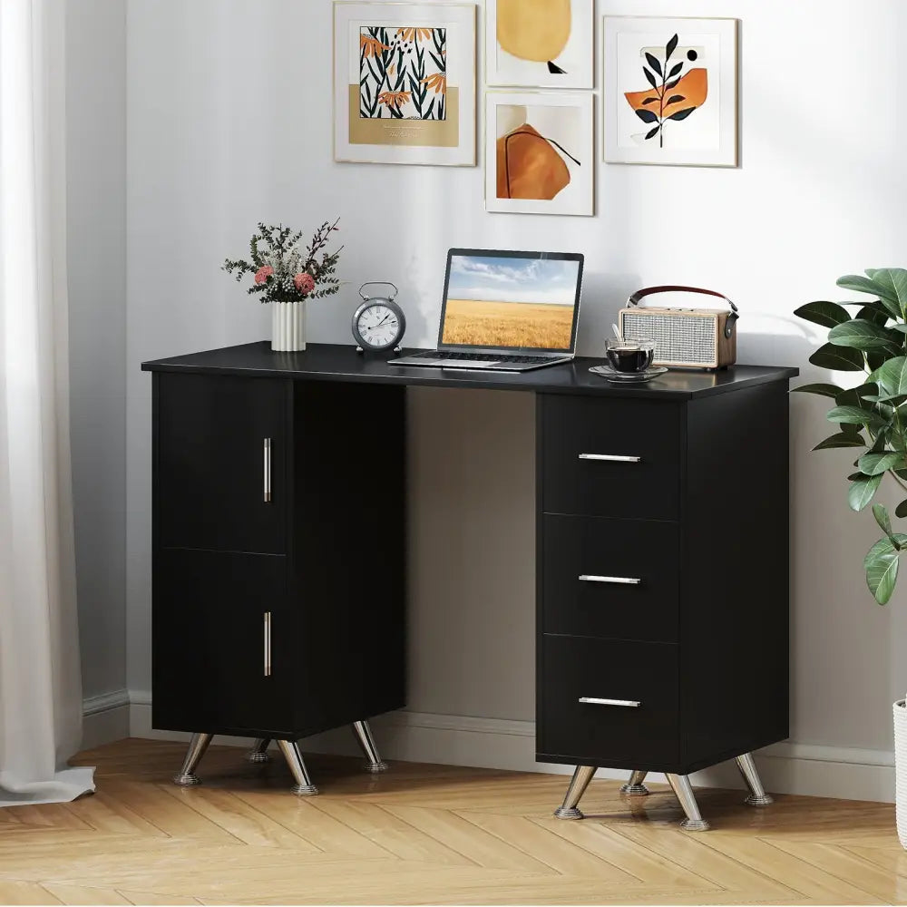 Wooden Manicure Table Nail Desk with Drawers Wrist Rest-Black - Black - Office Desks