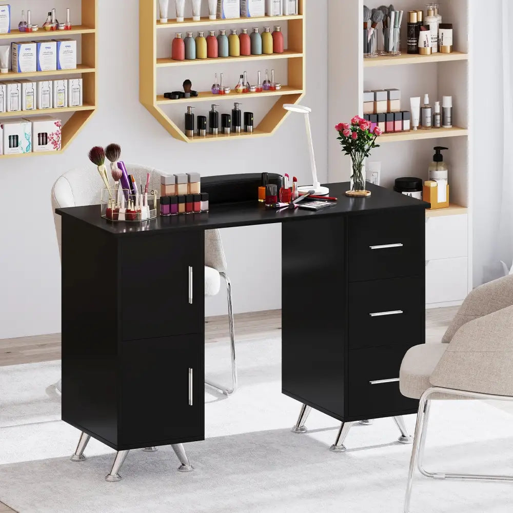Wooden Manicure Table Nail Desk with Drawers Wrist Rest-Black - Black - Office Desks
