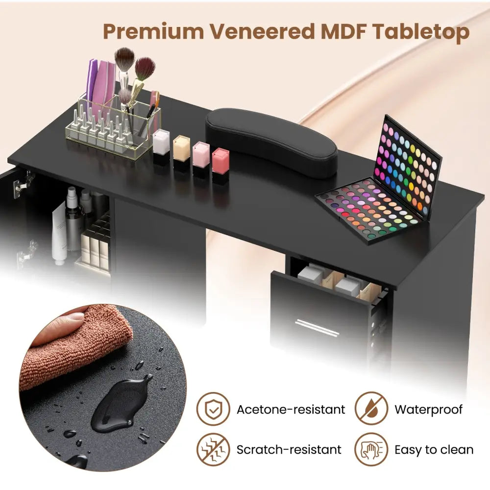 Wooden Manicure Table Nail Desk with Drawers Wrist Rest-Black - Black - Office Desks