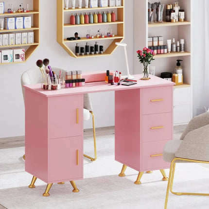 Wooden Manicure Table Nail Desk with Drawers Wrist Rest-Pink - Pink - Office Desks