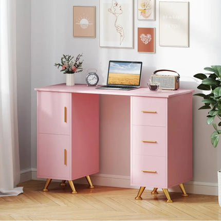 Wooden Manicure Table Nail Desk with Drawers Wrist Rest-Pink - Pink - Office Desks