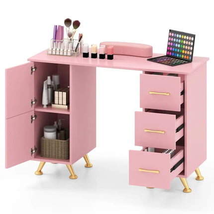 Wooden Manicure Table Nail Desk with Drawers Wrist Rest-Pink - Pink - Office Desks