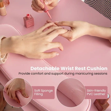 Wooden Manicure Table Nail Desk with Drawers Wrist Rest-Pink - Pink - Office Desks