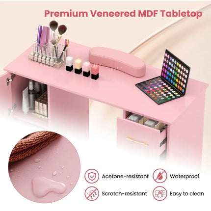 Wooden Manicure Table Nail Desk with Drawers Wrist Rest-Pink - Pink - Office Desks