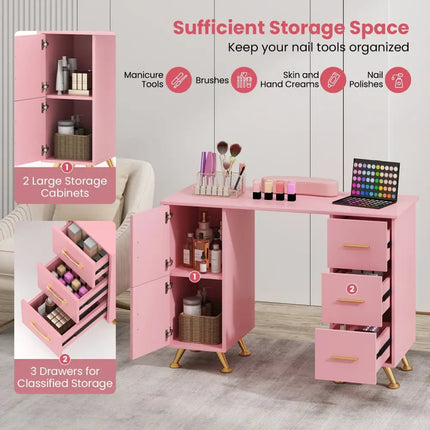 Wooden Manicure Table Nail Desk with Drawers Wrist Rest-Pink - Pink - Office Desks