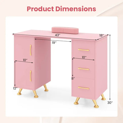 Wooden Manicure Table Nail Desk with Drawers Wrist Rest-Pink - Pink - Office Desks