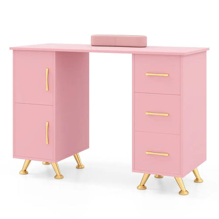 Wooden Manicure Table Nail Desk with Drawers Wrist Rest-Pink - Pink - Office Desks