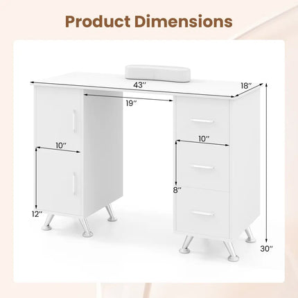 Wooden Manicure Table Nail Desk with Drawers Wrist Rest-White - White - Office Desks