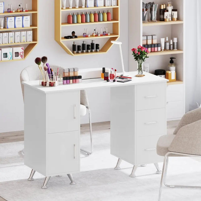 Wooden Manicure Table Nail Desk with Drawers Wrist Rest-White - White - Office Desks