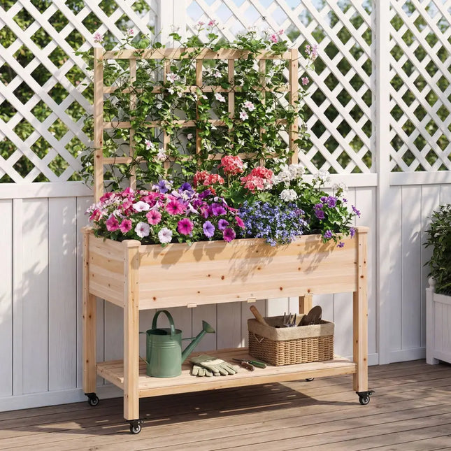 Wooden Mobile Raised Garden Bed on Wheels with Trellis-Natural - Natural - Raised Garden Beds