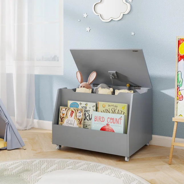 Wooden Mobile Toy Storage Organizer with Bookshelf and Lockable Wheels-Gray - Gray - Kids Storage