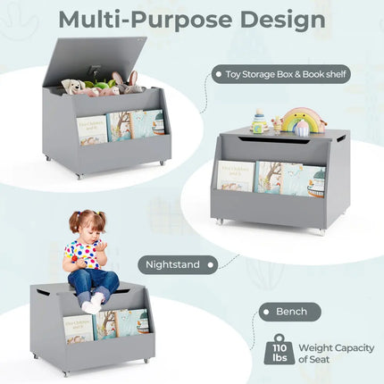 Wooden Mobile Toy Storage Organizer with Bookshelf and Lockable Wheels-Gray - Gray - Kids Storage