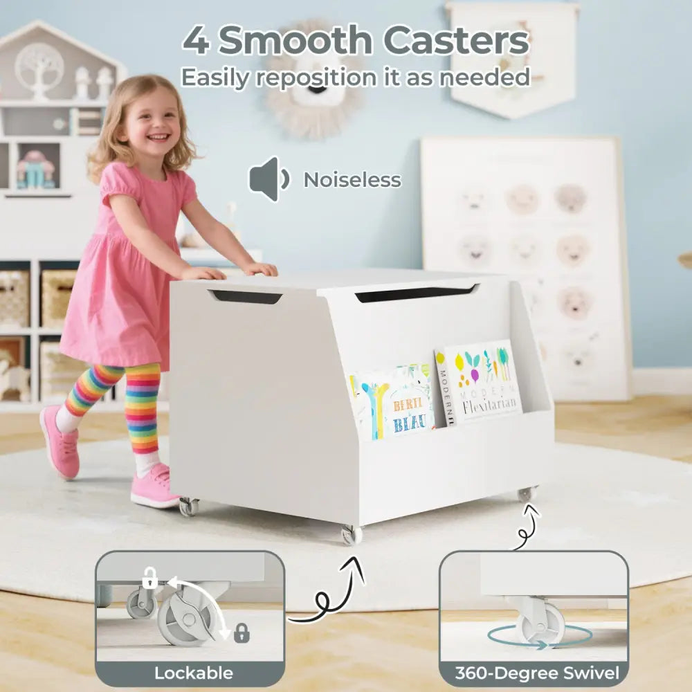 Wooden Mobile Toy Storage Organizer with Bookshelf and Lockable Wheels-White - White - Kids Storage