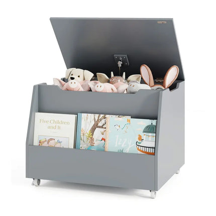 Wooden Mobile Toy Storage Organizer with Bookshelf and Lockable Wheels-Gray - Gray - Kids Storage