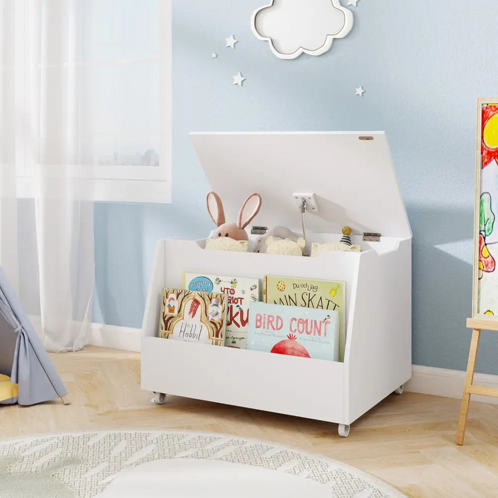 Wooden Mobile Toy Storage Organizer with Bookshelf and Lockable Wheels-White - White - Kids Storage