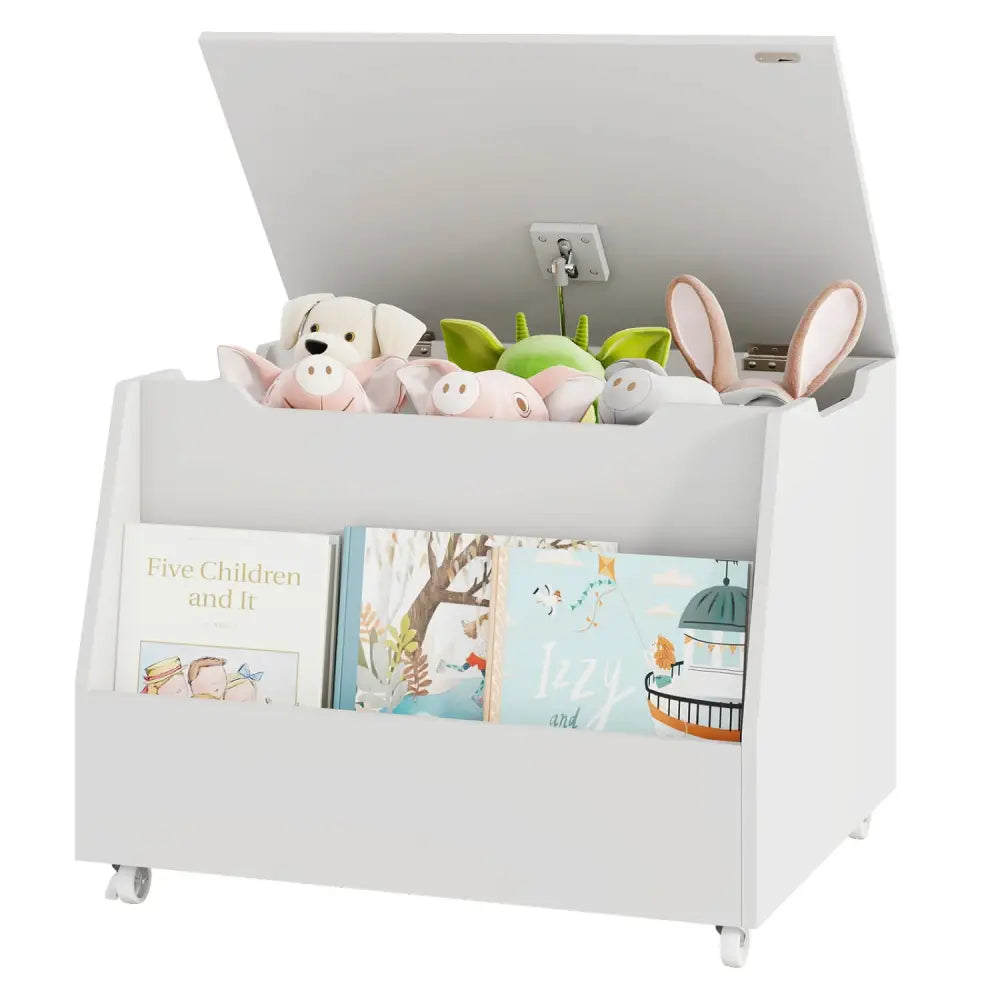 Wooden Mobile Toy Storage Organizer with Bookshelf and Lockable Wheels-White - White - Kids Storage