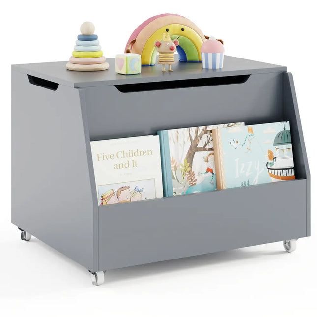 Wooden Mobile Toy Storage Organizer with Bookshelf and Lockable Wheels-Gray - Gray - Kids Storage