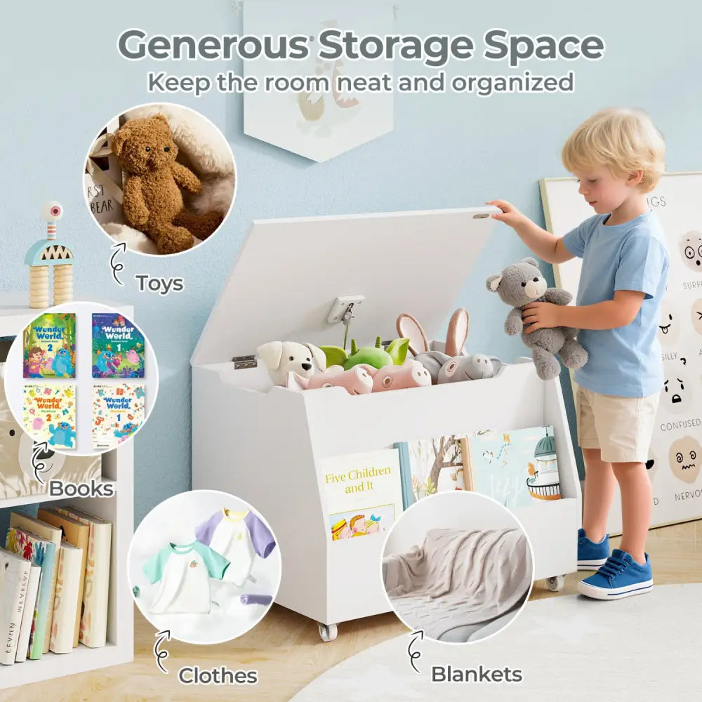 Wooden Mobile Toy Storage Organizer with Bookshelf and Lockable Wheels-White - White - Kids Storage