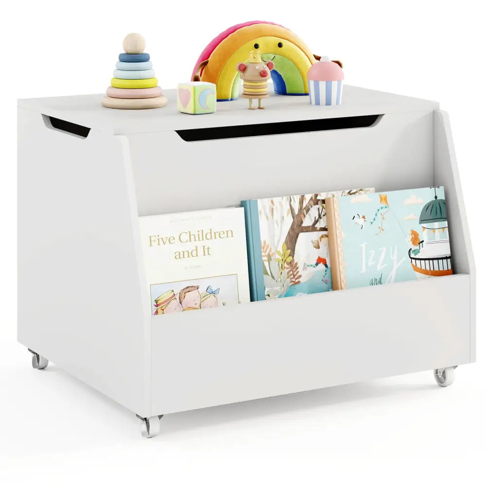 Wooden Mobile Toy Storage Organizer with Bookshelf and Lockable Wheels-White - White - Kids Storage